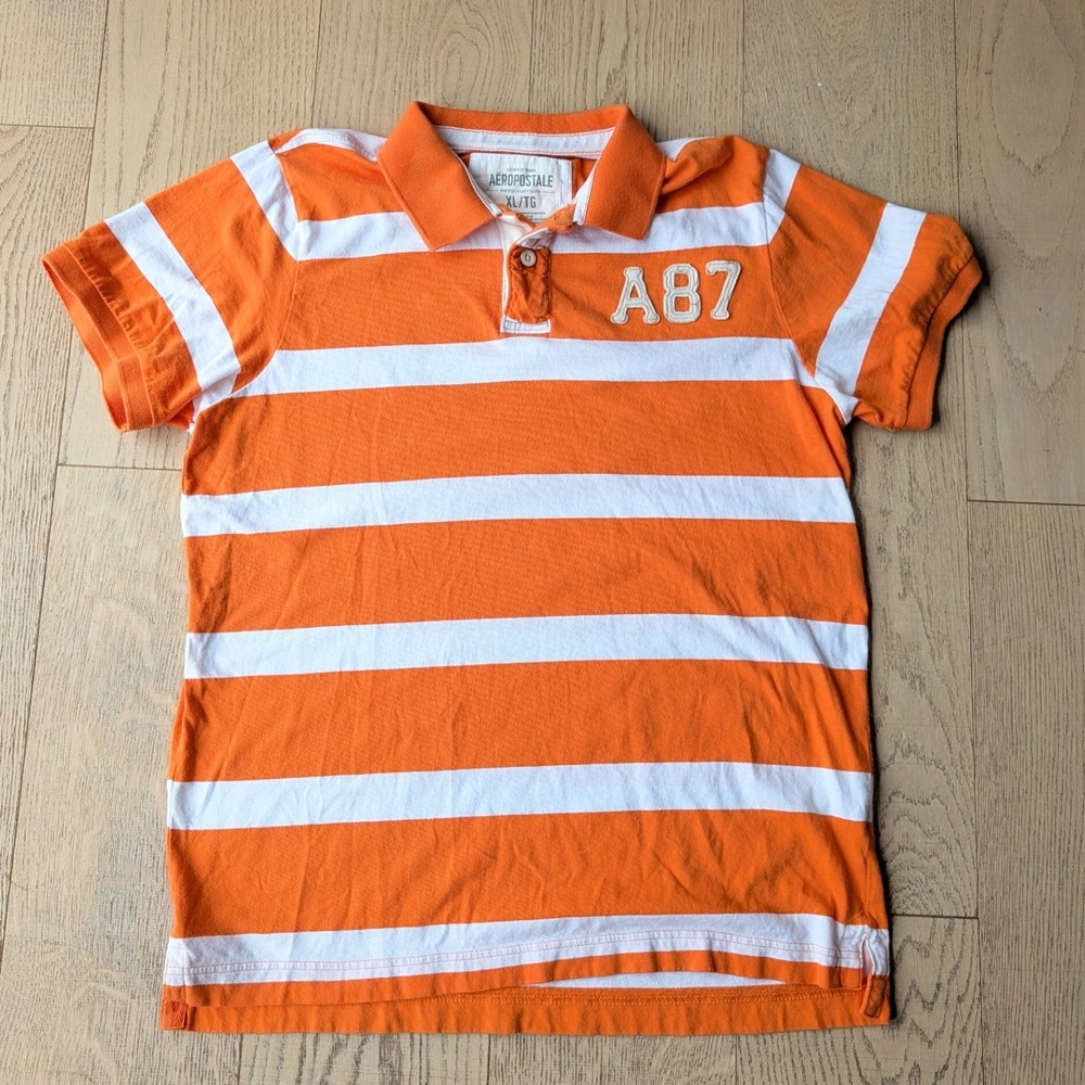 Aeropostale Rugby Polo Orange White Stripe Polo Shirt A87 Boys XL‎ TG - Picture 2 of 7